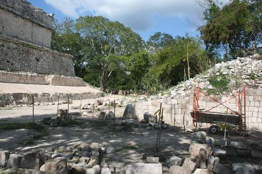 Recent restoration of the ball courts adjacent to Casa Colorada at Chichen Itza, Mexico