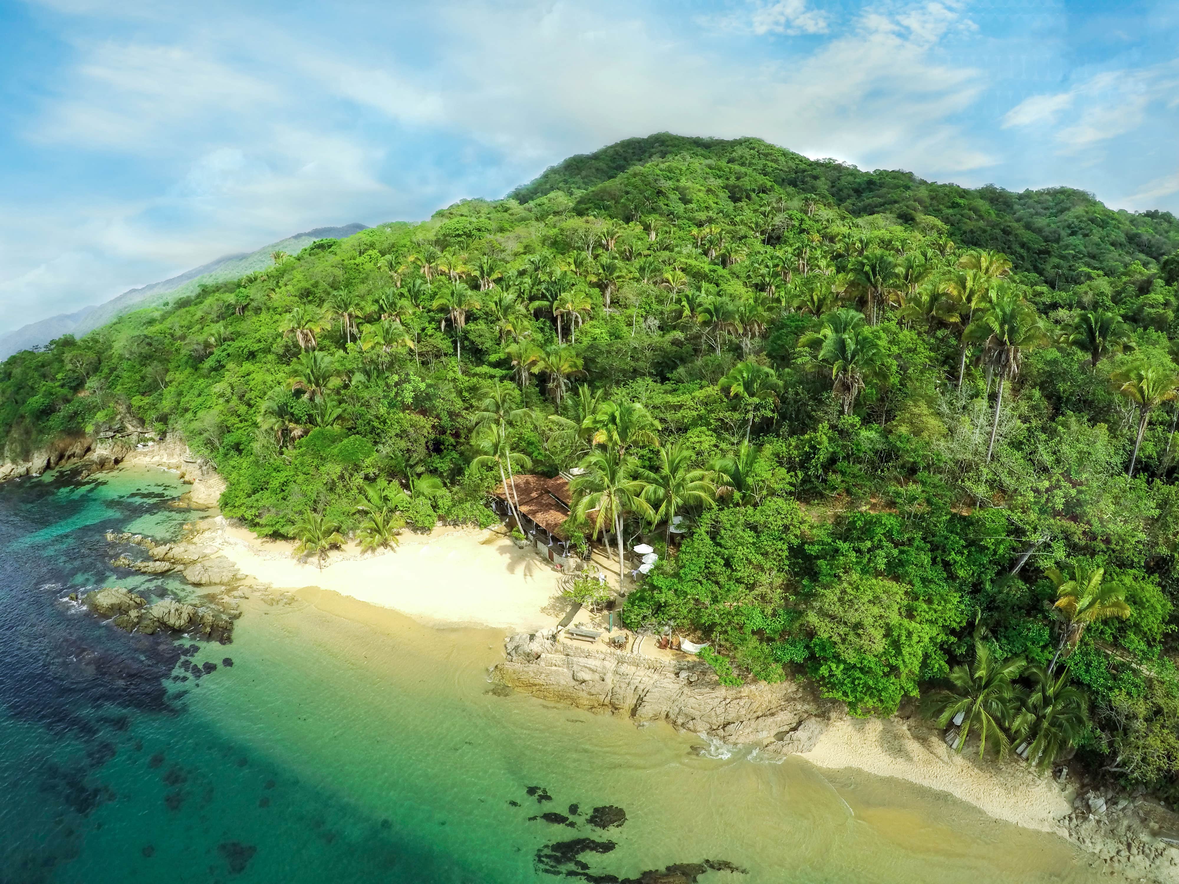 Aerial view of Las Caletas private beach wedding venue, close to Puerto Vallarta, Mexico