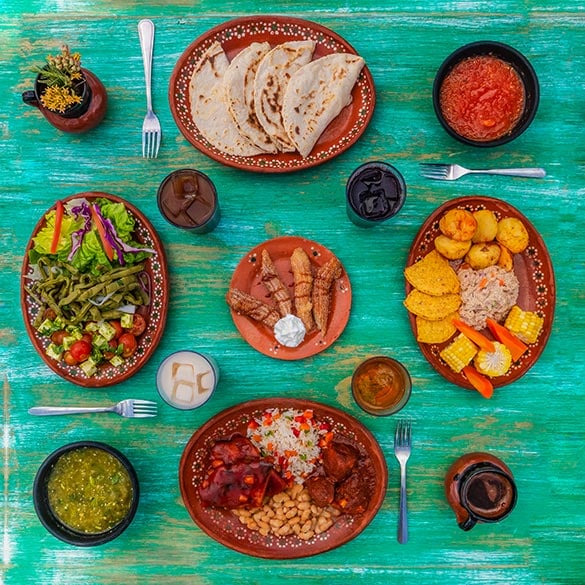 Table spread of Mexican cuisine.