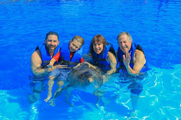 Family posing with dolphin during small group dolphin encounter