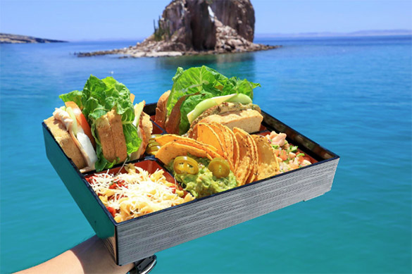 Artisan sandwiches and mexican cuisine on catamaran.